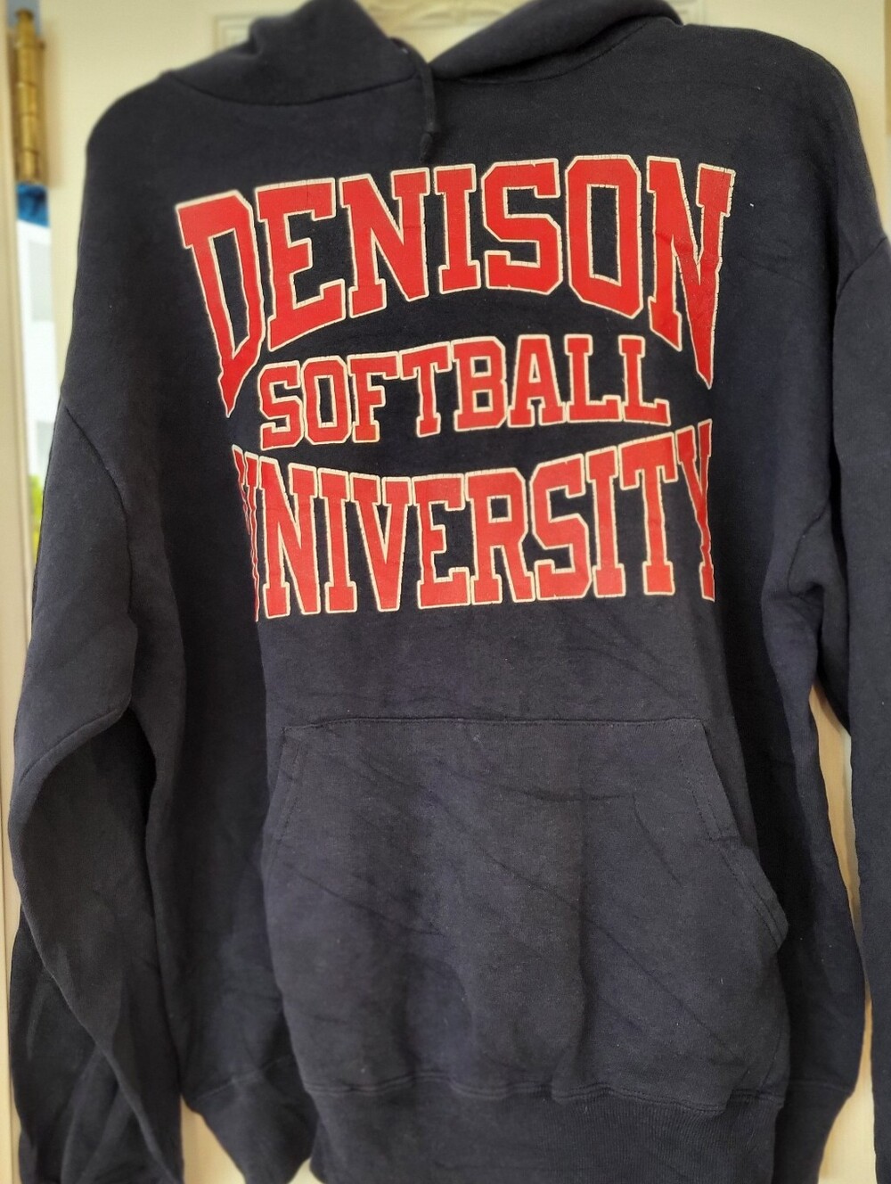 Jerzees Navy Blue Crewneck Hoodie with Red Denison Softball Print